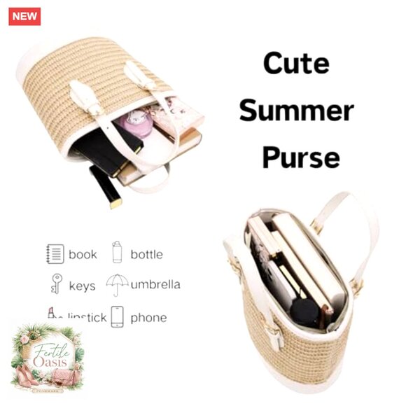 Straw Bucket Bag Crossbody Top-Handle Shoulder Purse Minimal Chic Travel - Picture 5 of 7